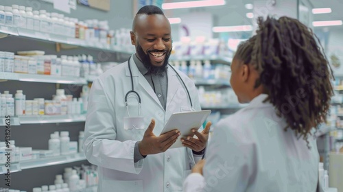Obraz na płótnie Pharmacist Consulting a Patient Using a Tablet in a Pharmacy w salonie