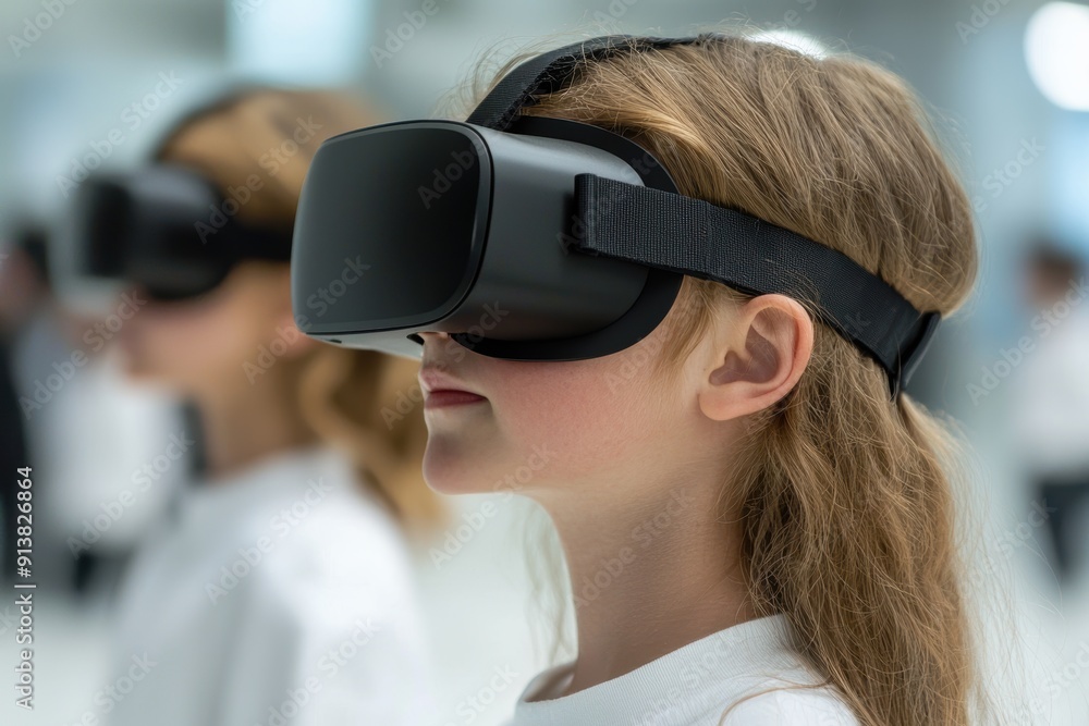 young girl using virtual reality headset young girl using virtual reality headset