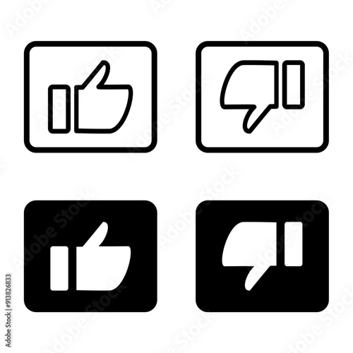 Thumbs up and thumbs down rectangular box emblems. Black white like and dislike icons. Illustration design elements for smm, ad, marketing, ui, ux, app, web, mobile, internet, social media