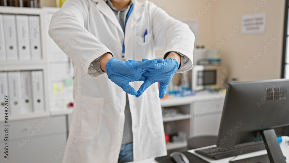 Naklejka premium A young asian man in a lab coat putting on blue gloves in a laboratory setting.
