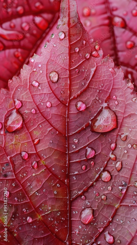 Fototapeta premium A close-up photograph of a single red leaf with many water droplets resting on its surface. The droplets are reflecting the light, creating a glistening effect. The leaf's veins and texture are clearl