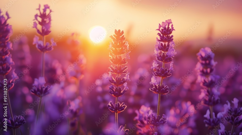  A field of lavender flowers with the sun setting behind