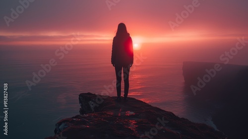  A woman stands on a cliff's edge, gazing at the sunset over the ocean