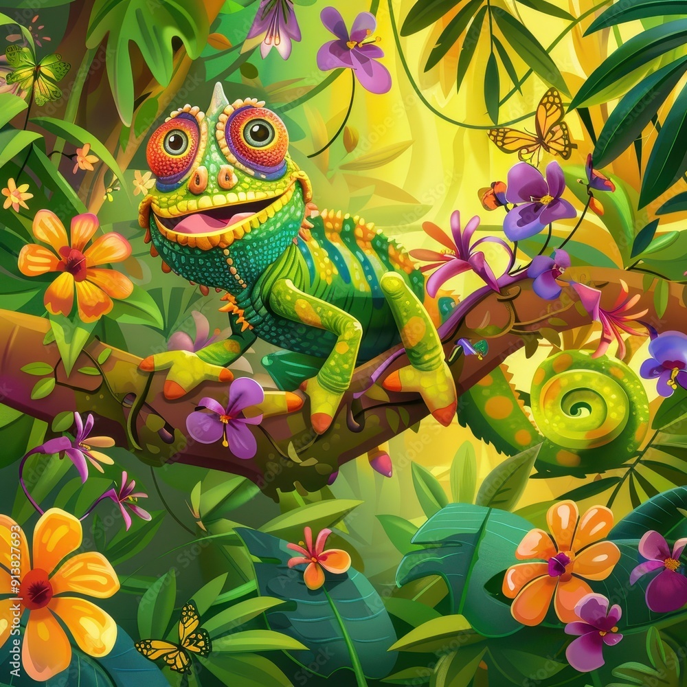 Curious cartoon chameleon with a big smile, sitting on a branch in a vibrant tropical jungle with colorful flowers and butterflies. Curious cartoon chameleon with a big smile, sitting on a branch in a vibrant tropical jungle with colorful flowers and butterflies.