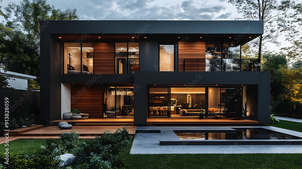 Modern house with wood accents and pool.