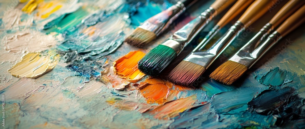 Artistic painting tools, paintbrushes and palette on an artist's table. Artistic painting tools, paintbrushes and palette on an artist's table.