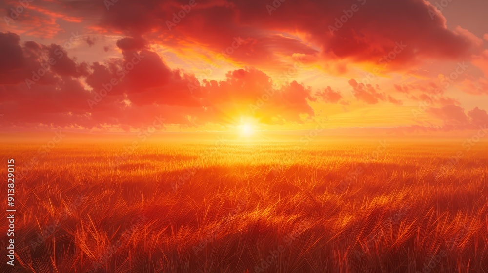 A grassy field under a cloudy sky, sun setting in its center A grassy field under a cloudy sky, sun setting in its center