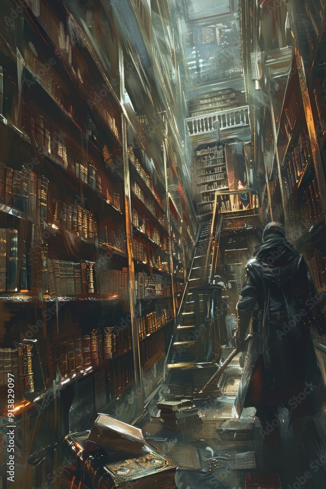Stealthy Thief in Dark Library Filled with Ancient Books and Valuable Artifacts - Atmospheric Artwork Stealthy Thief in Dark Library Filled with Ancient Books and Valuable Artifacts - Atmospheric Artwork