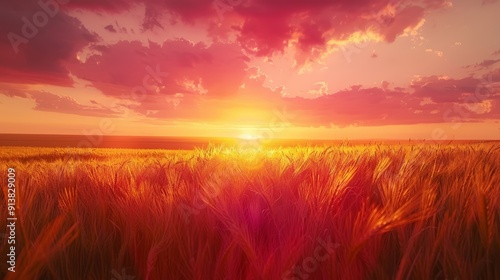  Sun sets over wheat field Sun illuminates field below, clouds populate sky overhead