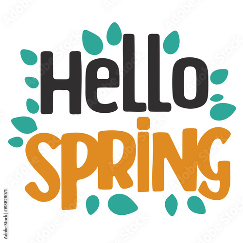 "HELLO SPRING" with green leaves around it, springtime theme