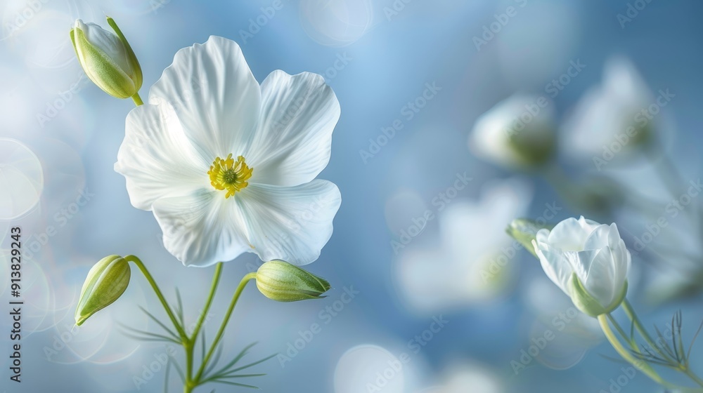 Fototapeta premium A tight shot of a white bloom against a blue backdrop, illuminated by soft focus light emanating from its core