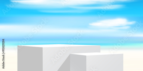 Product stand on the ocean beach landscape. White square podium for product presentation on background of blue sky.