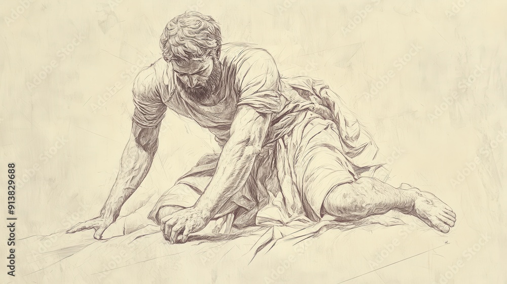 Obraz premium Biblical Illustration of The Kings Defeated: Joshua placing his foot on the necks of defeated kings as a sign of conquest, Beige Background