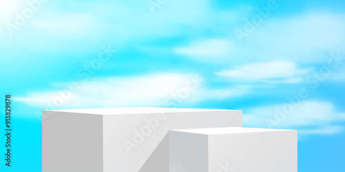 White square podium for product presentation on background of blue sky.