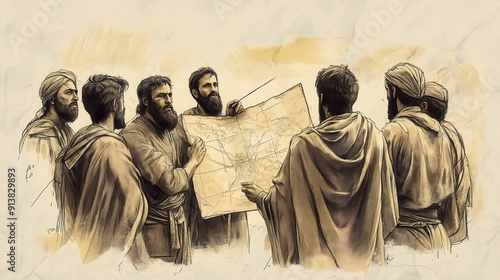 Biblical Illustration of The Allotment for the Remaining Tribes: The people of the remaining tribes examining the map, discussing the extent of their new land, Beige Background photo