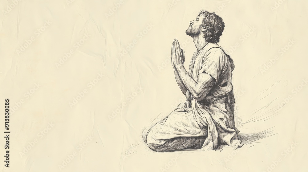 Obraz premium Biblical Illustration of Joshua's Commission: Joshua kneeling in prayer, seeking God's guidance and strength before leading the Israelites, Beige Background