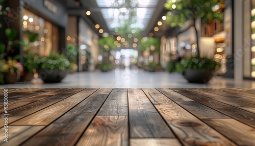 Wood table top with a blurred supermarket background, ideal for product display