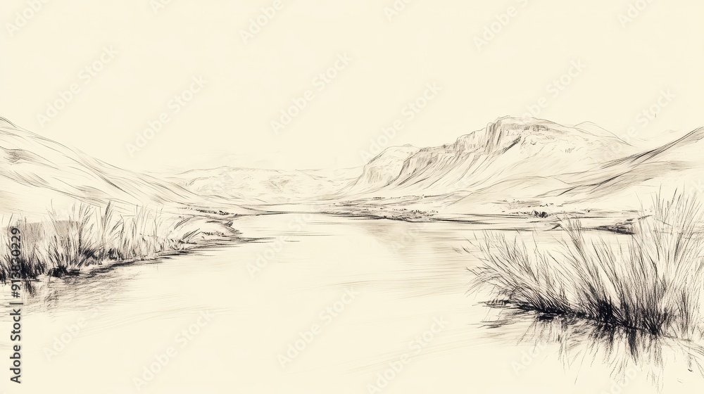 Obraz premium Biblical Illustration of Crossing the Jordan: The water of the Jordan River returning to its place after the Israelites have crossed, Beige Background