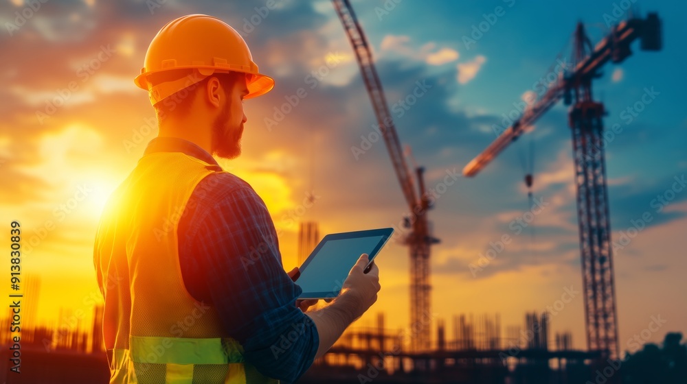 A construction engineer using a digital tablet to check blueprints, with a vibrant construction site in the background. A construction engineer using a digital tablet to check blueprints, with a vibrant construction site in the background.