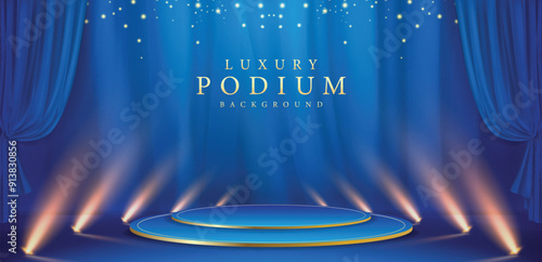 Luxury background design concepts with futuristic blue stage with spotlight beams projecting upwards and blue certain.