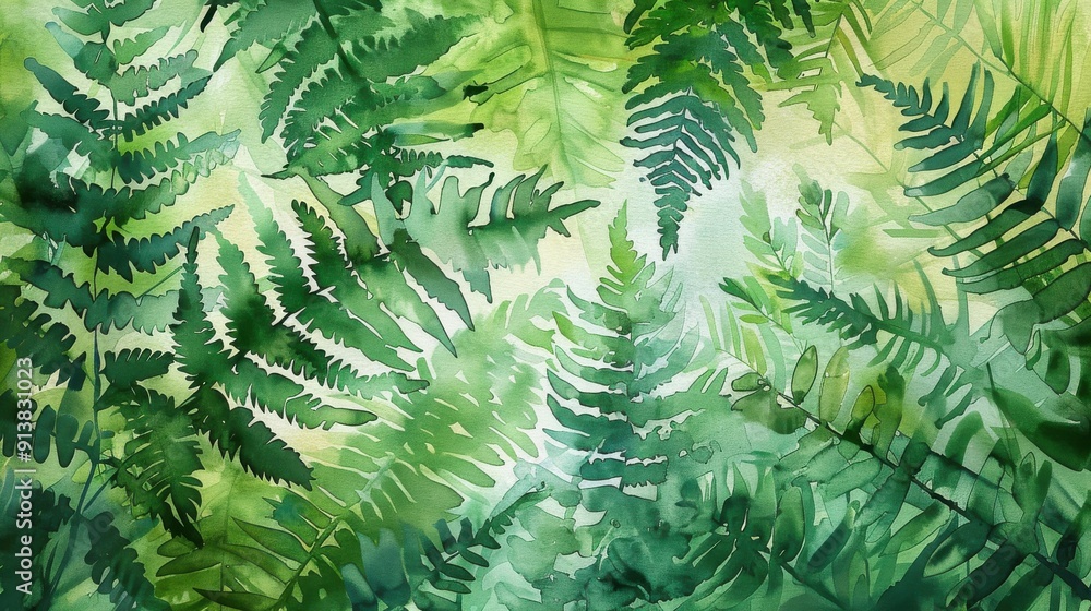 A watercolor painting depicting a close-up view of a collection of green fern leaves, likely from a forest environment. The leaves are painted in a layered, textured style, with some appearing to be m A watercolor painting depicting a close-up view of a collection of green fern leaves, likely from a forest environment. The leaves are painted in a layered, textured style, with some appearing to be m