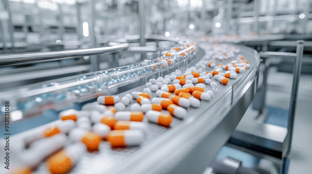 Obraz premium Pharmaceutical Industry Hand Holding Colorful Capsules in a Pharmacy Setting. This image captures the essence of the pharmaceutical industry with a hand holding capsules, symbolizing production.