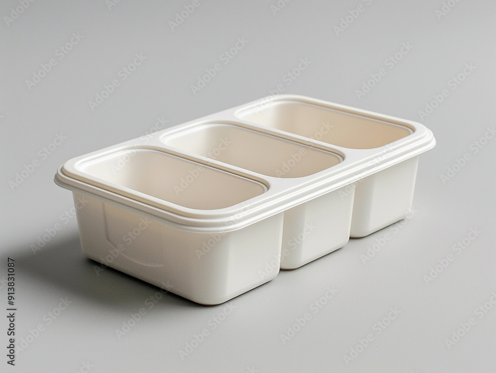 Three-Compartment Food Container Made of Recyclable Material on Neutral Background Three-Compartment Food Container Made of Recyclable Material on Neutral Background