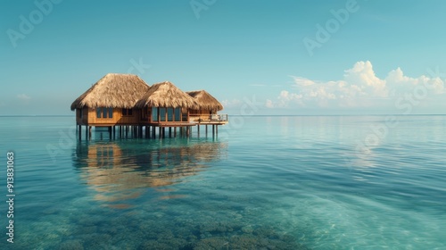  House atop stilts over water's expanse, blue sky and clouded backdrop above