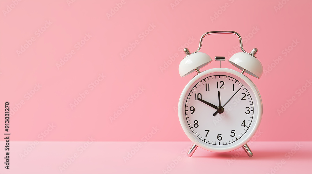Classic white alarm clock with two bells on a pink background, symbolizing time management and punctuality. Classic white alarm clock with two bells on a pink background, symbolizing time management and punctuality.