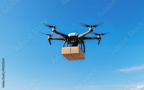 Drone with Package on Blue Sky Background