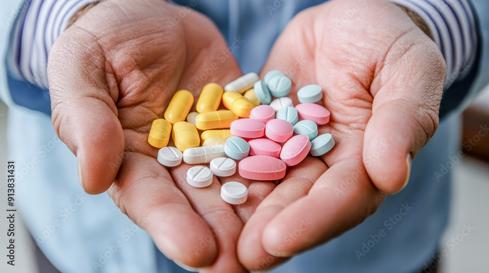 Pharmaceutical Industry Hand Holding Colorful Capsules in a Pharmacy Setting. This image captures the essence of the pharmaceutical industry with a hand holding capsules, symbolizing production.