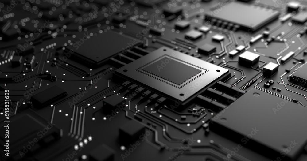 Black and White Motherboard with Close-Up on a Microchip Black and White Motherboard with Close-Up on a Microchip