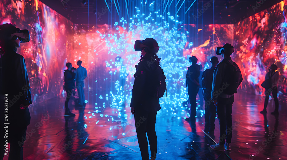 Obraz premium Futuristic holographic display showcasing immersive virtual reality artworks in a cutting-edge art exhibition.