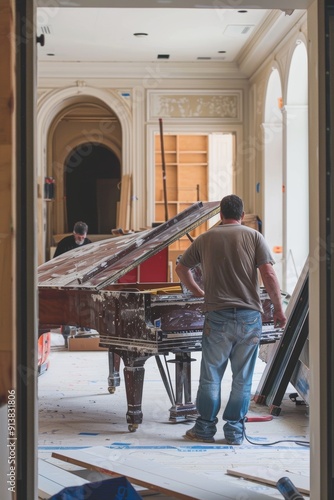 Professional Movers Handling Grand Piano During Home Relocation, Highlighting Expertise and Care