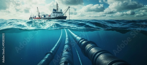 Underwater Communication Cable Installation Process with Specialized Ship and Detailed Equipment Views