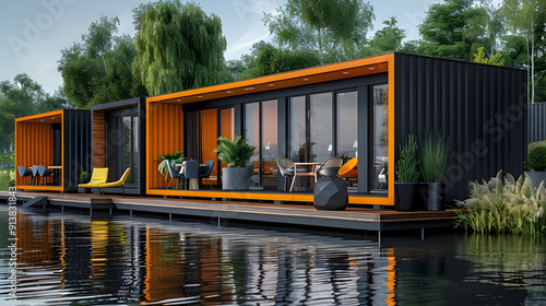 Modern Container Home on the Water - 3D Illustration