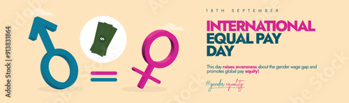 International Equal Pay Day banner, background, post. 18th September equal pay day conceptual cover banner with gender symbols, money notes. The day highlight the injustice of gender wage gaps.