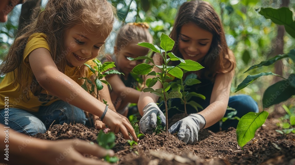 Children and adults planting trees together in a protected forest area, showcasing environmental care and mutual support, environmental protection, children, cooperation Children and adults planting trees together in a protected forest area, showcasing environmental care and mutual support, environmental protection, children, cooperation