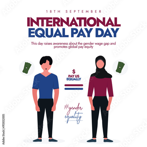 International Equal Pay Day. 18th September Equal pay day awareness banner with a young boy and a girl characters. The day highlights the injustice of gender wage gaps and ensuring to end it.