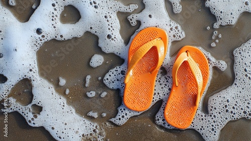 Orange flip flops on beach