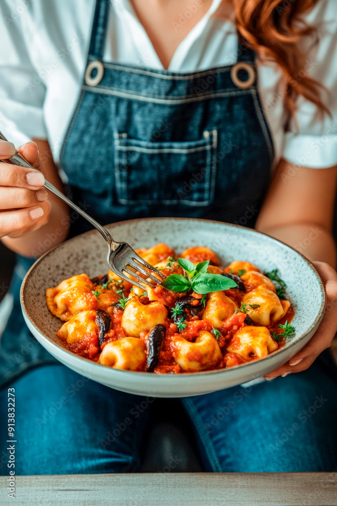Woman eating ravioli with her fork, Woman eating ravioli with her fork,