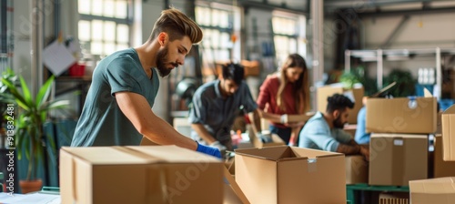 Office Employees Collaborating to Pack Boxes for Company Relocation in a Vibrant Workspace