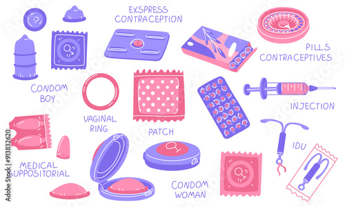 Birth control items. A set of colored flat contraceptive icons in blue and pink. Protection of men and women. A horizontal banner with names and vector elements about safe sex. Isolated items