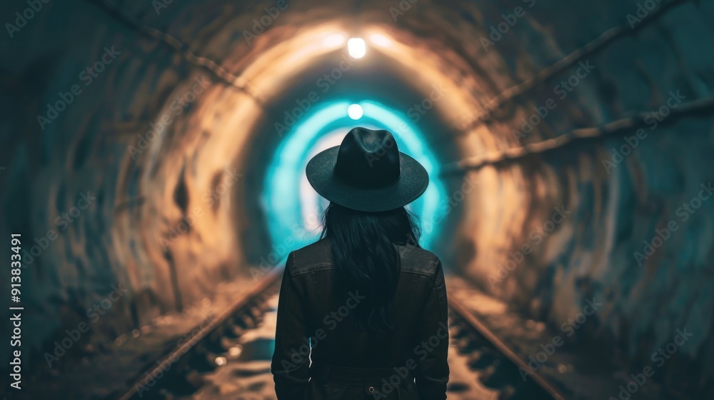 Woman Walking Towards Light in Tunnel Woman Walking Towards Light in Tunnel