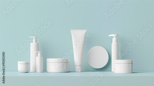 Blank White Beauty Product Containers mockup on light blue background, cosmetic jars bottles tubes pump dispensers