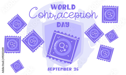 World Contraception Day, September 26. Contraceptives for safe sex male with shield and earth. Methods of birth control. horizontal blue banner about sex education. Vector flat illustration