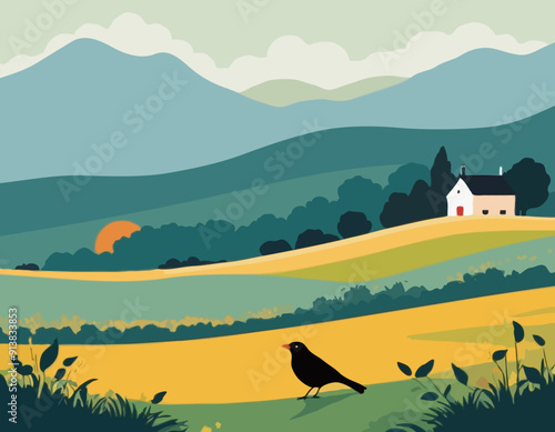 Countryside scene with Blackbird 