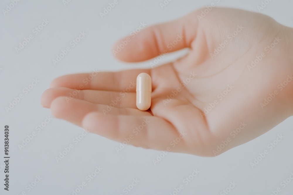 Hand Holding Single Beige Capsule Pill Hand Holding Single Beige Capsule Pill