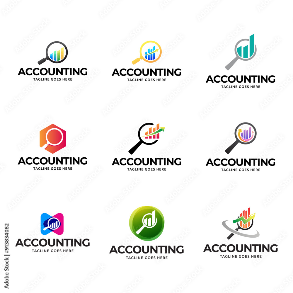 Set of Vector logo combination of a graph and magnifier Set of Vector logo combination of a graph and magnifier