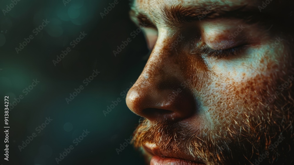 Obraz premium A tight shot of a man's face with closed eyes and a softly blurred background